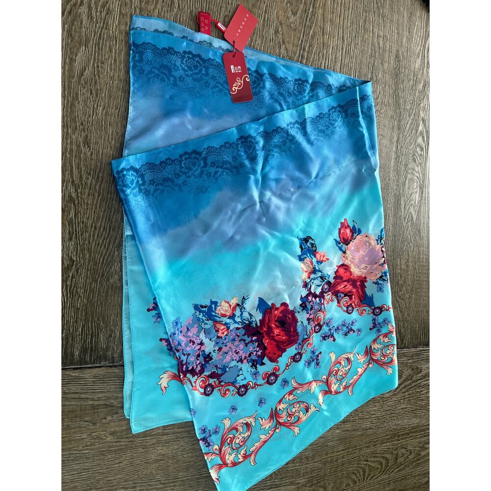 NEW Silk Scarf Shawl Blue with Flowers pink purple